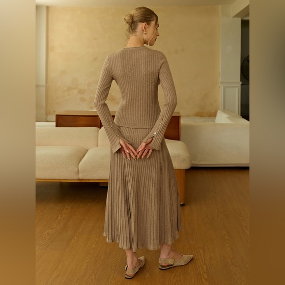 Commense Textured Knit Cardigan and Midi Skirt Set - Picture 2 of 14
